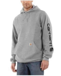 Carhartt Men's Heather Gray & Black Signature Sleeve Logo Hooded Work Sweatshirt - Big