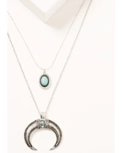 Prime Time Jewelry Women's Silver Crescent Horn & Turquoise Pendant Layered Necklace Set