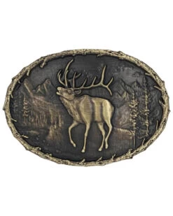 Montana Silversmiths Men's Brass Buglers Elk Heritage Attitude Belt Buckle