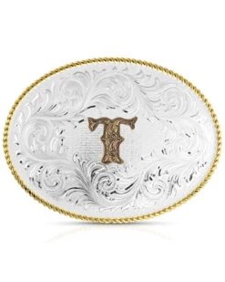 Montana Silversmiths Classic Western Oval Two-Tone Initial Belt Buckle - T