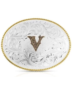 Montana Silversmiths Classic Western Oval Two-Tone Initial Belt Buckle - V