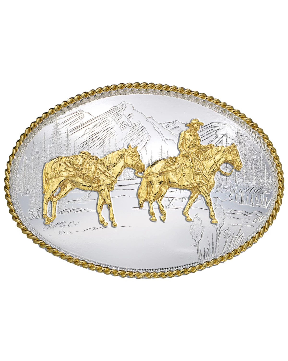 Montana Silversmiths Etched Mountains Pack Horse & Rider Western Belt Buckle 3 Montana Silversmiths Etched Mountains Pack Horse & Rider Western Belt Buckle